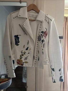 Blank NYC White Leather Moto Jacket with Floral Embroidery